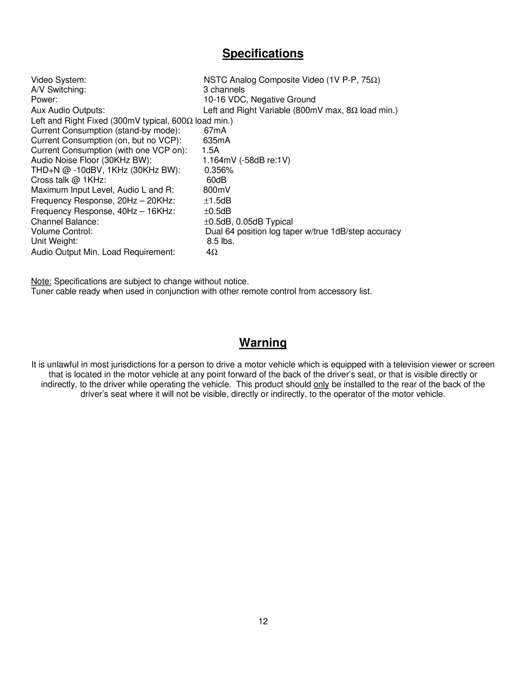 Audiovox LCM1331FDW installation manual Specifications 