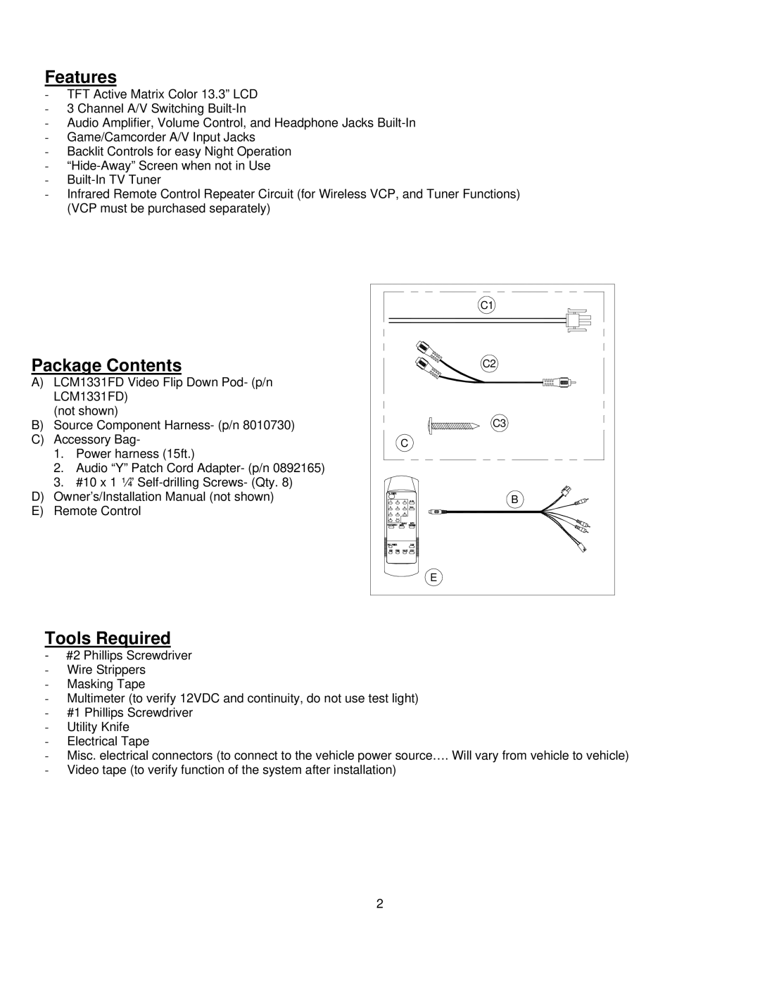 Audiovox LCM1331FDW installation manual Features, Package Contents, Tools Required 