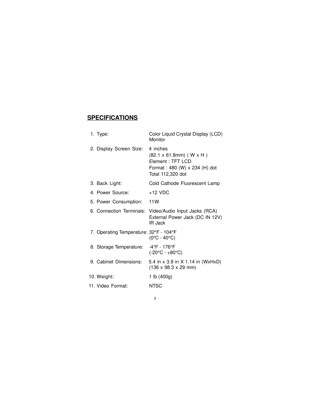 Audiovox LCM4000 manual Specifications 