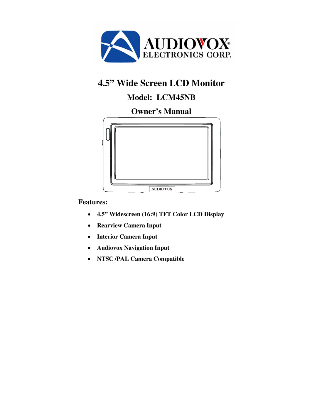 Audiovox owner manual Wide Screen LCD Monitor, Model LCM45NB 