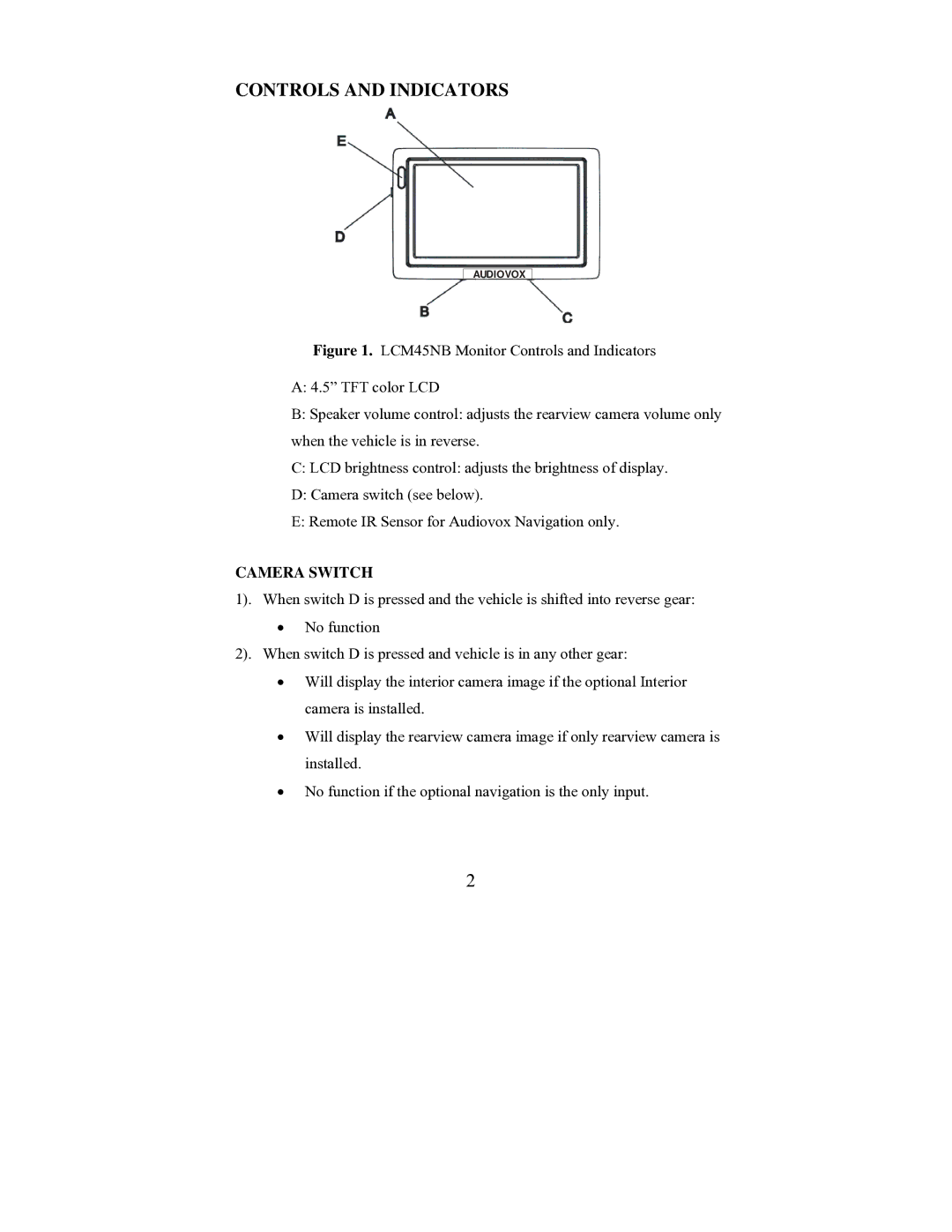 Audiovox LCM45NB owner manual Controls and Indicators, Camera Switch 