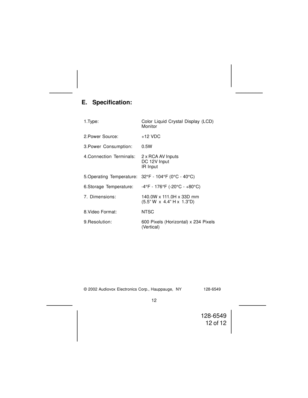 Audiovox LCM50 owner manual Specification, Ntsc 