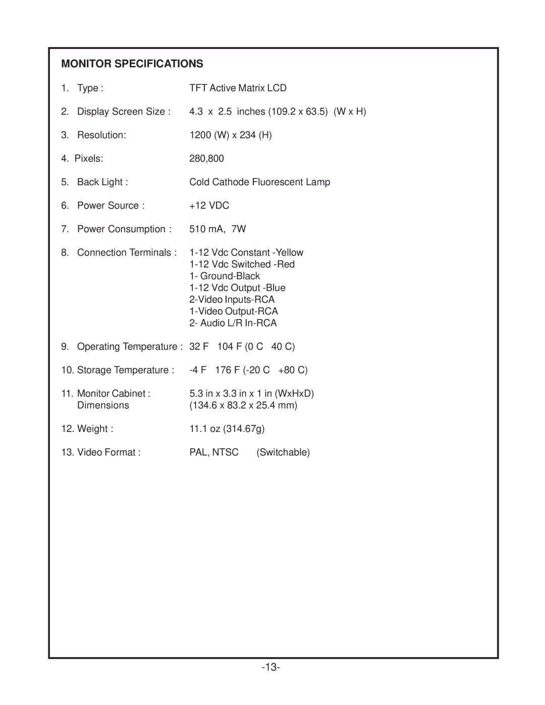 Audiovox LCM500NP operation manual Monitor Specifications 