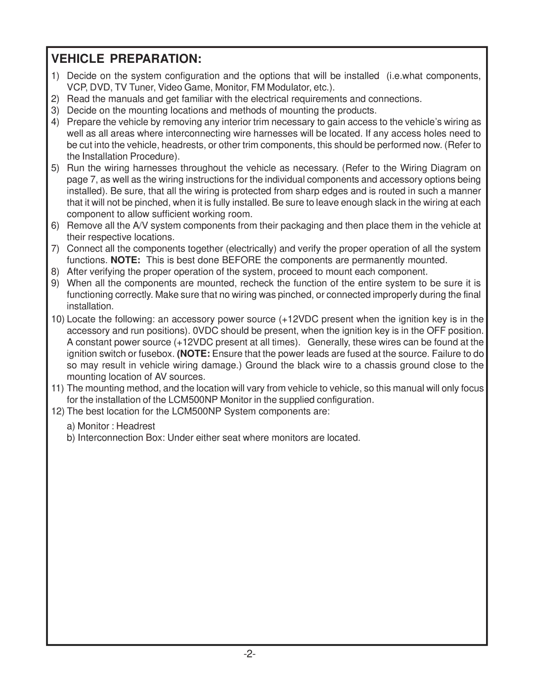 Audiovox LCM500NP operation manual Vehicle Preparation 