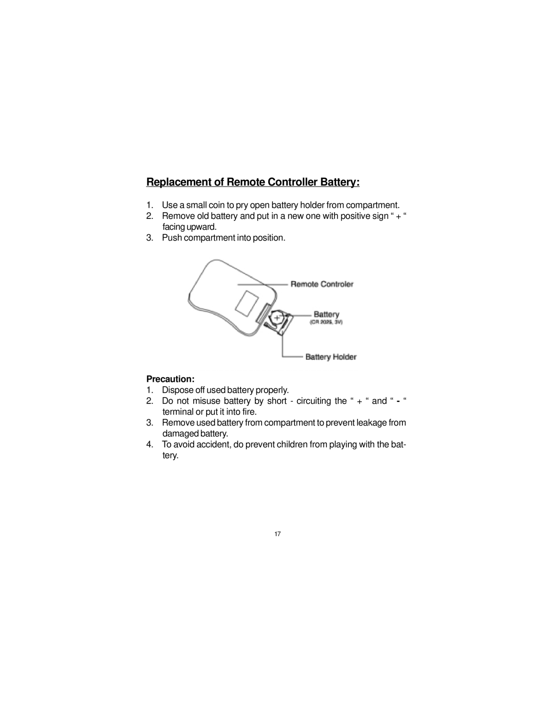 Audiovox LCM5643NP, LCM5043NP owner manual Replacement of Remote Controller Battery, Precaution 