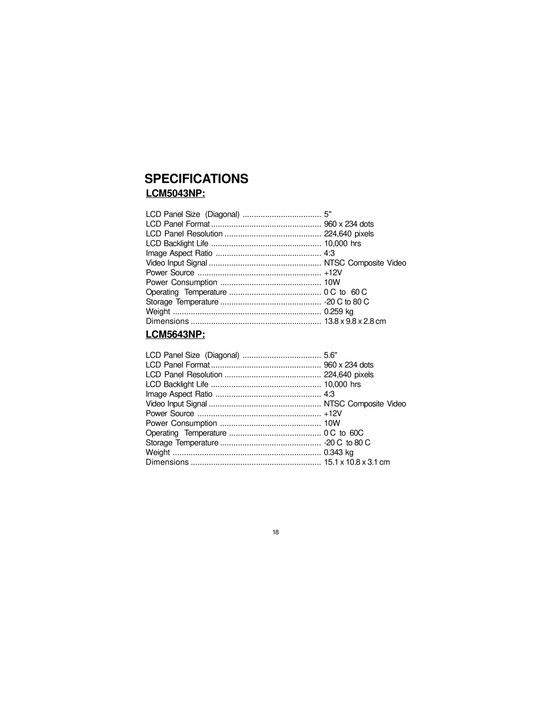 Audiovox LCM5043NP, LCM5643NP owner manual Specifications 