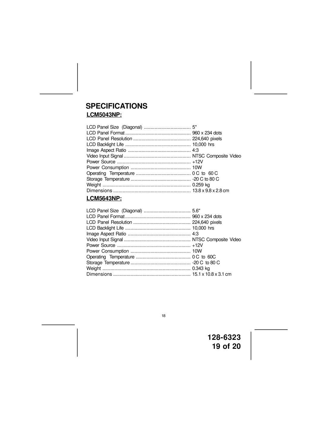 Audiovox LCM5043NP, LCM5643NP owner manual Specifications 