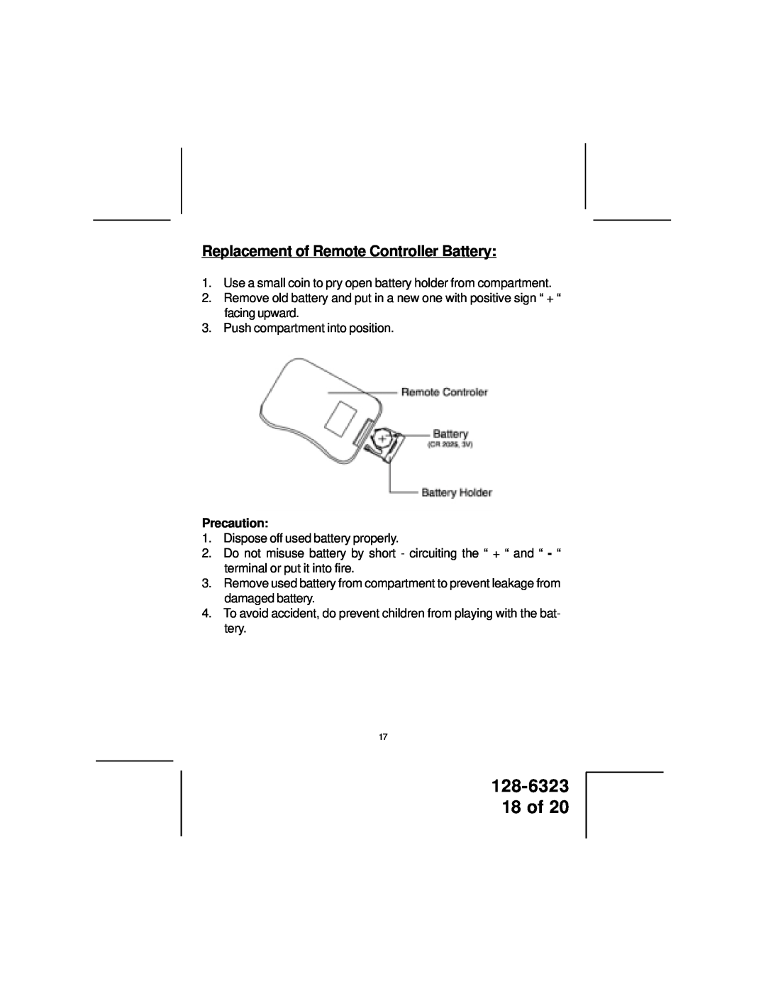 Audiovox LCM5643NP, LCM5043NP owner manual 128-6323 18 of, Replacement of Remote Controller Battery, Precaution 