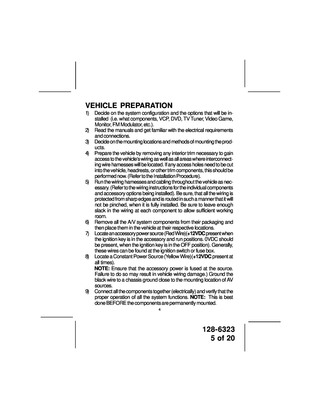 Audiovox LCM5043NP, LCM5643NP owner manual Vehicle Preparation, 128-6323 5 of 