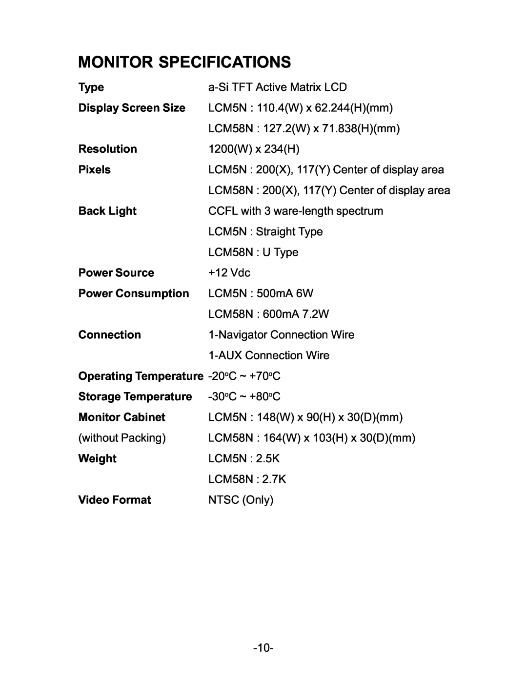 Audiovox LCM5N, LCM58N operation manual Monitor Specifications 