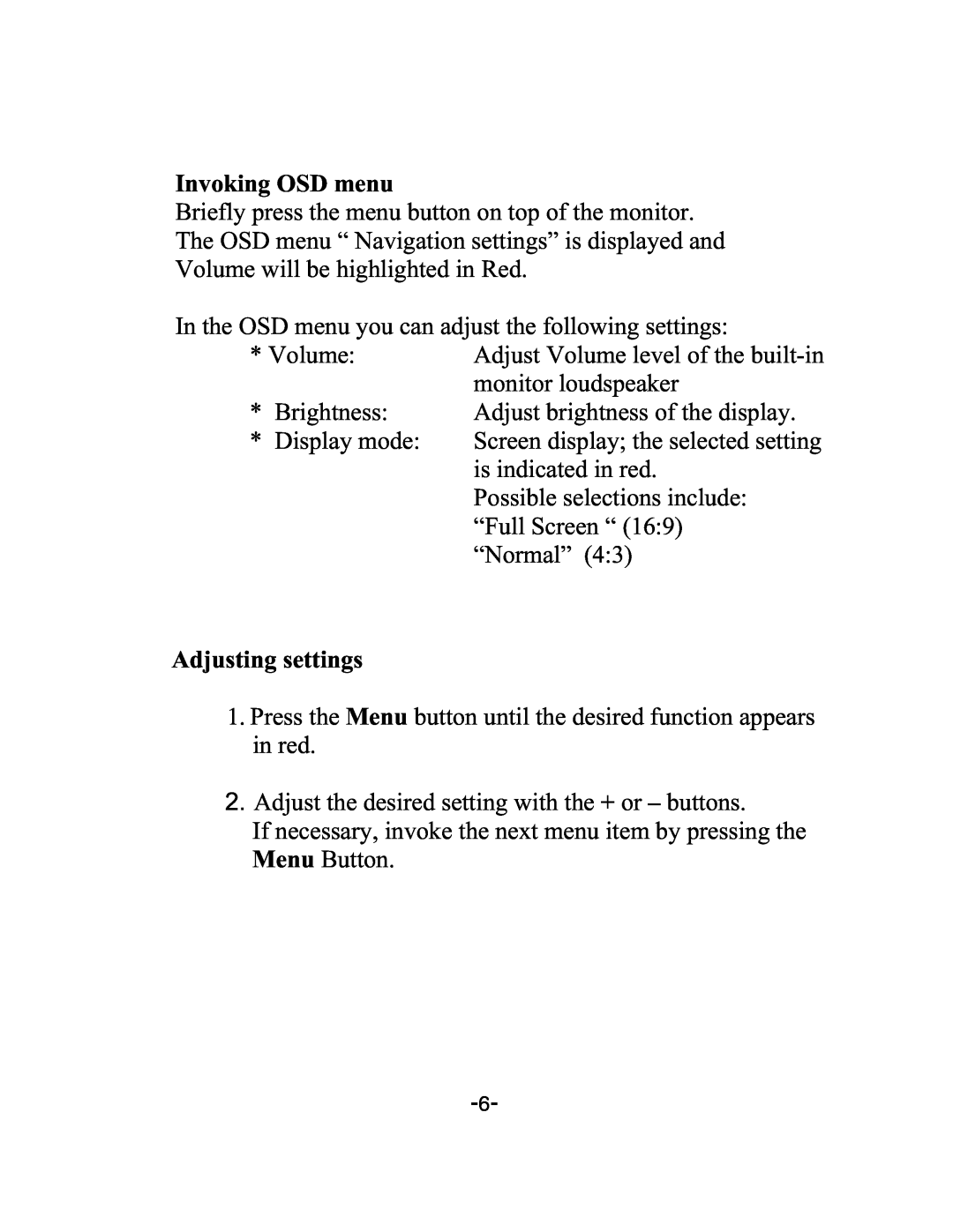 Audiovox LCM5N, LCM58N operation manual Invoking OSD menu, Adjusting settings 