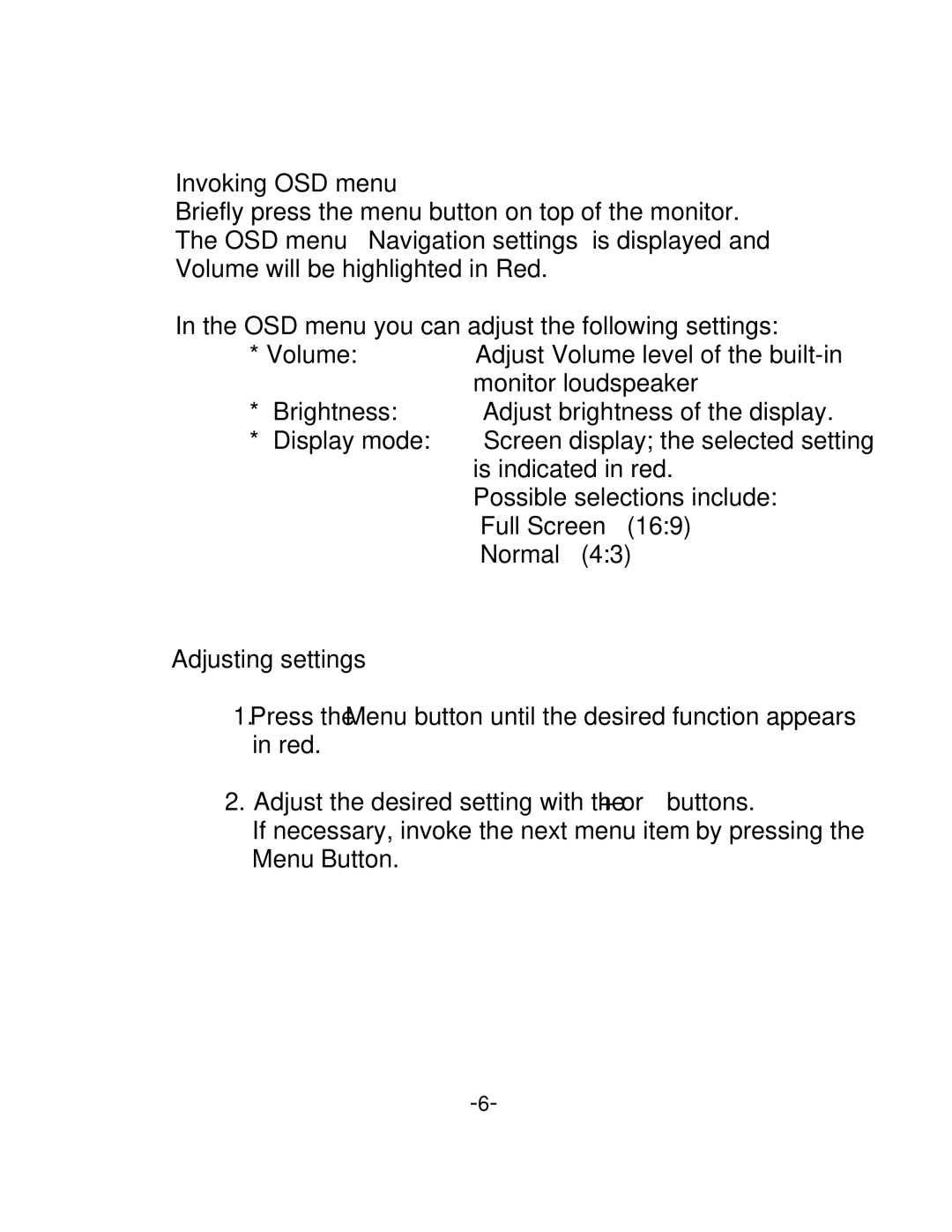 Audiovox LCM5N, LCM58N operation manual Invoking OSD menu, Adjusting settings 