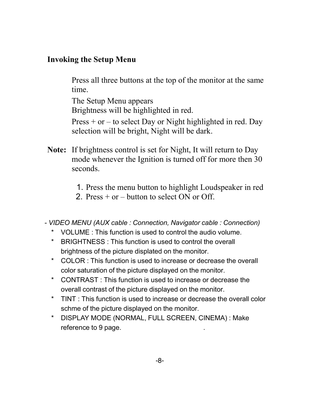 Audiovox LCM5N, LCM58N operation manual Invoking the Setup Menu 