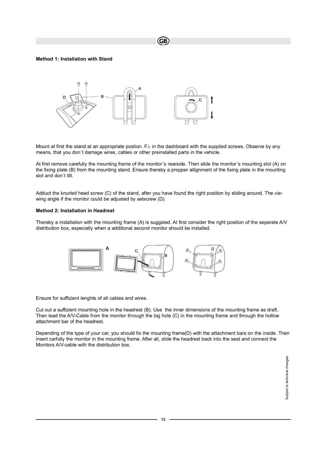 Audiovox LCM7070 manual Method 1 Installation with Stand, Method 2 Installation in Headrest 