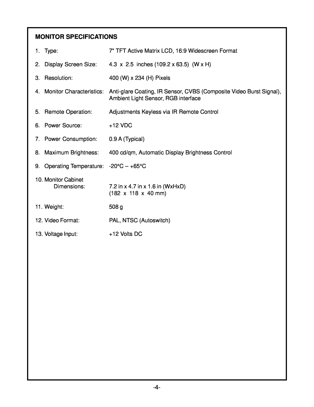 Audiovox LCM7N 7 operation manual Monitor Specifications 