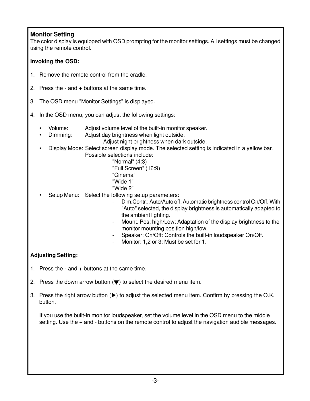 Audiovox LCM7N 7 operation manual Monitor Setting 