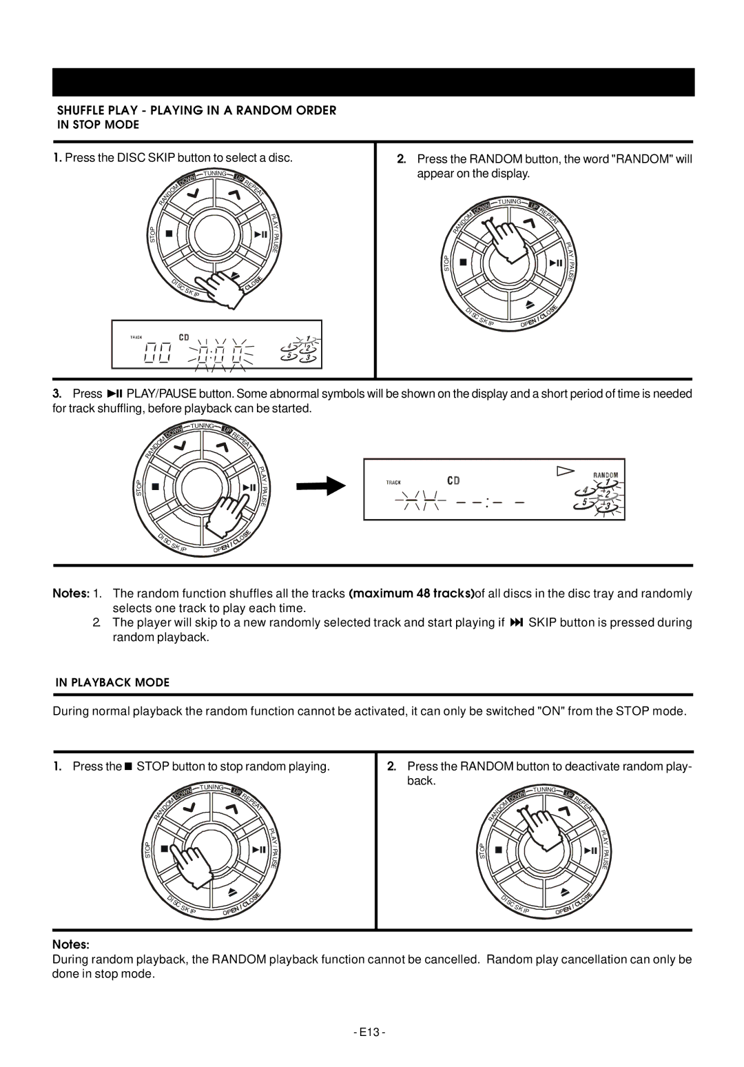 Audiovox Mini Hi-Fi System manual Shuffle Play Playing in a Random Order Stop Mode, Playback Mode 