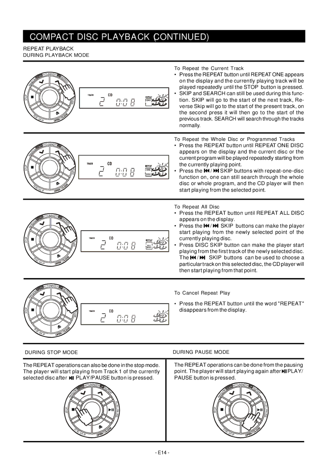 Audiovox Mini Hi-Fi System manual Repeat Playback During Playback Mode, During Stop Mode, During Pause Mode 