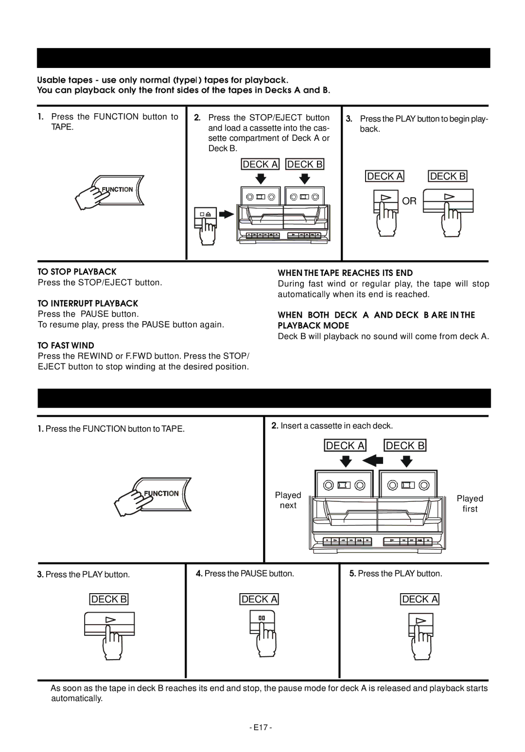 Audiovox Mini Hi-Fi System manual Tape Playback, Continuous Playback ---- from Deck B to Deck a 