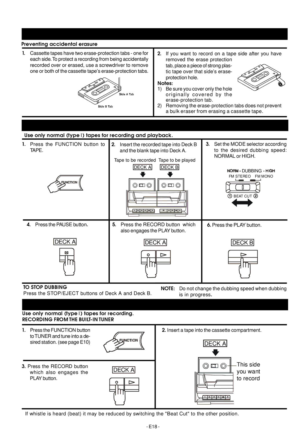 Audiovox Mini Hi-Fi System manual Tape Care Tips, To Stop Dubbing, Recording from the BUILT-IN Tuner 