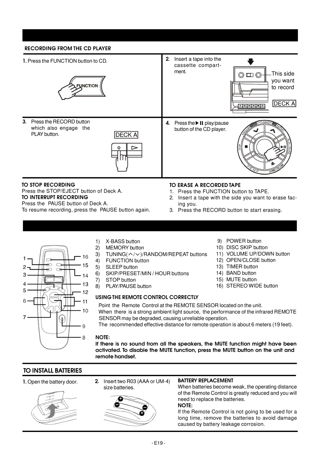 Audiovox Mini Hi-Fi System manual Recording ---- Deck a only, Remote Control 