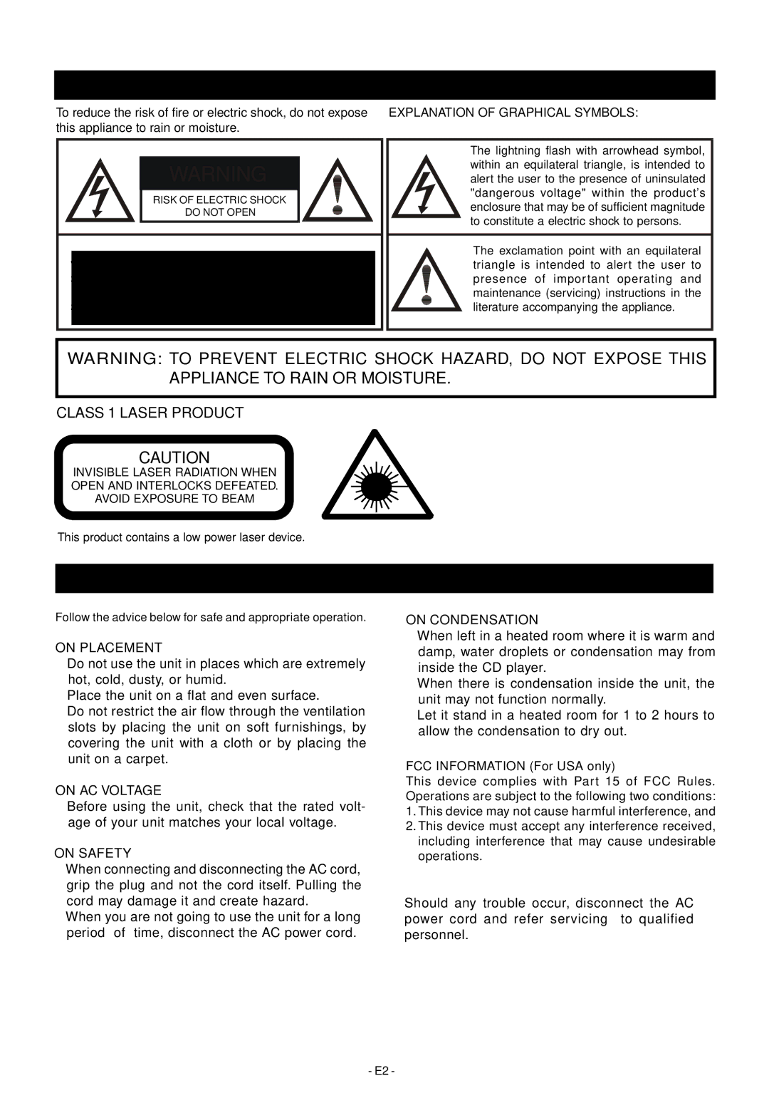 Audiovox Mini Hi-Fi System manual Precaution, Explanation of Graphical Symbols, FCC Information For USA only 