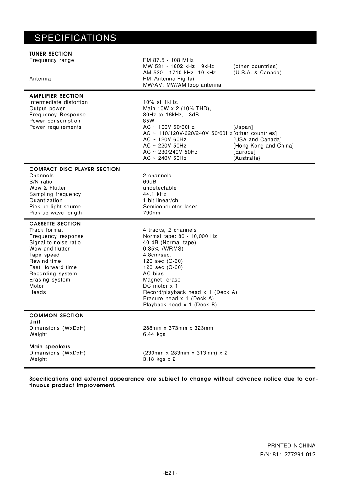 Audiovox Mini Hi-Fi System manual Specifications 