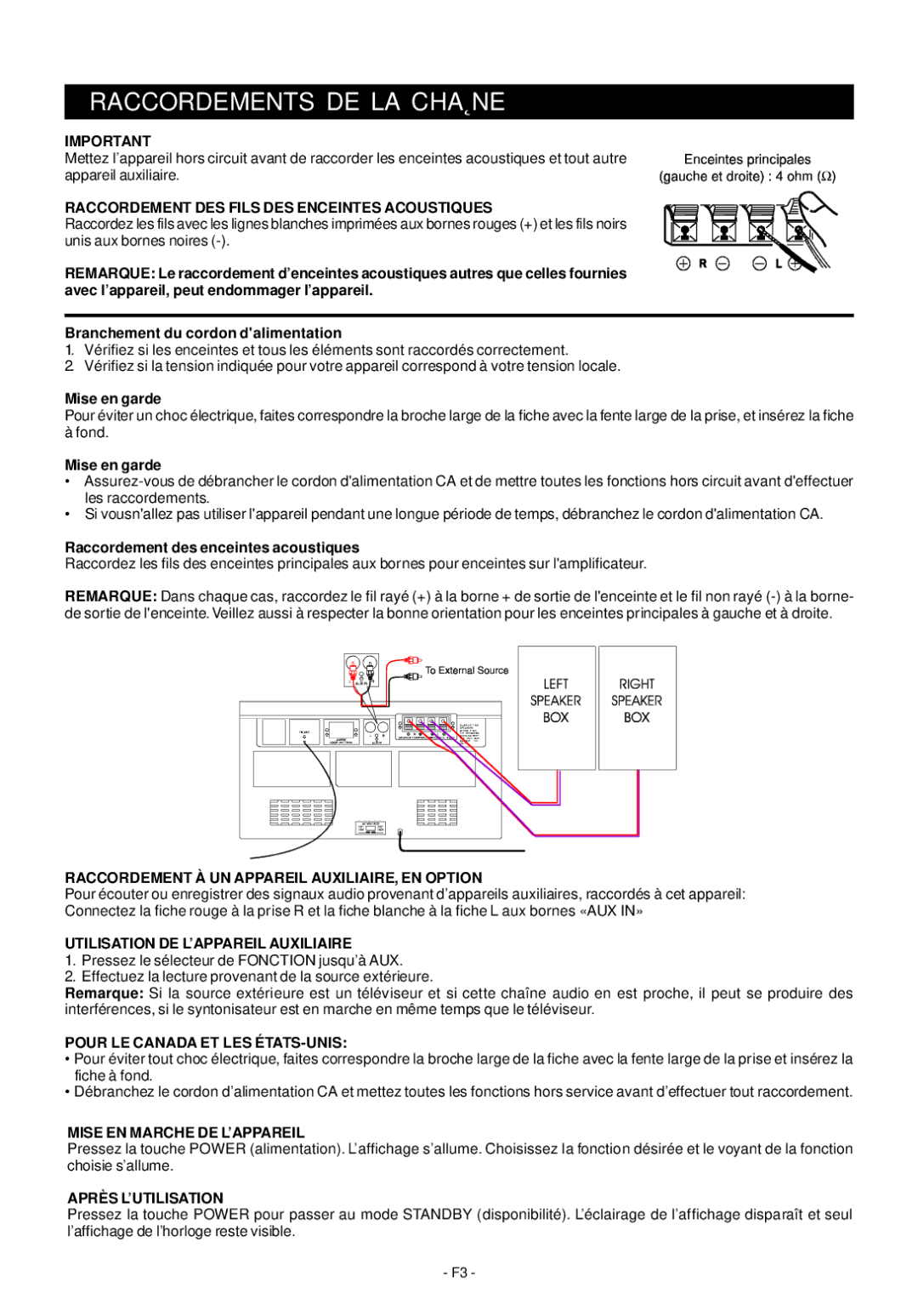 Audiovox Mini Hi-Fi System manual Raccordements DE LA Chaîne 