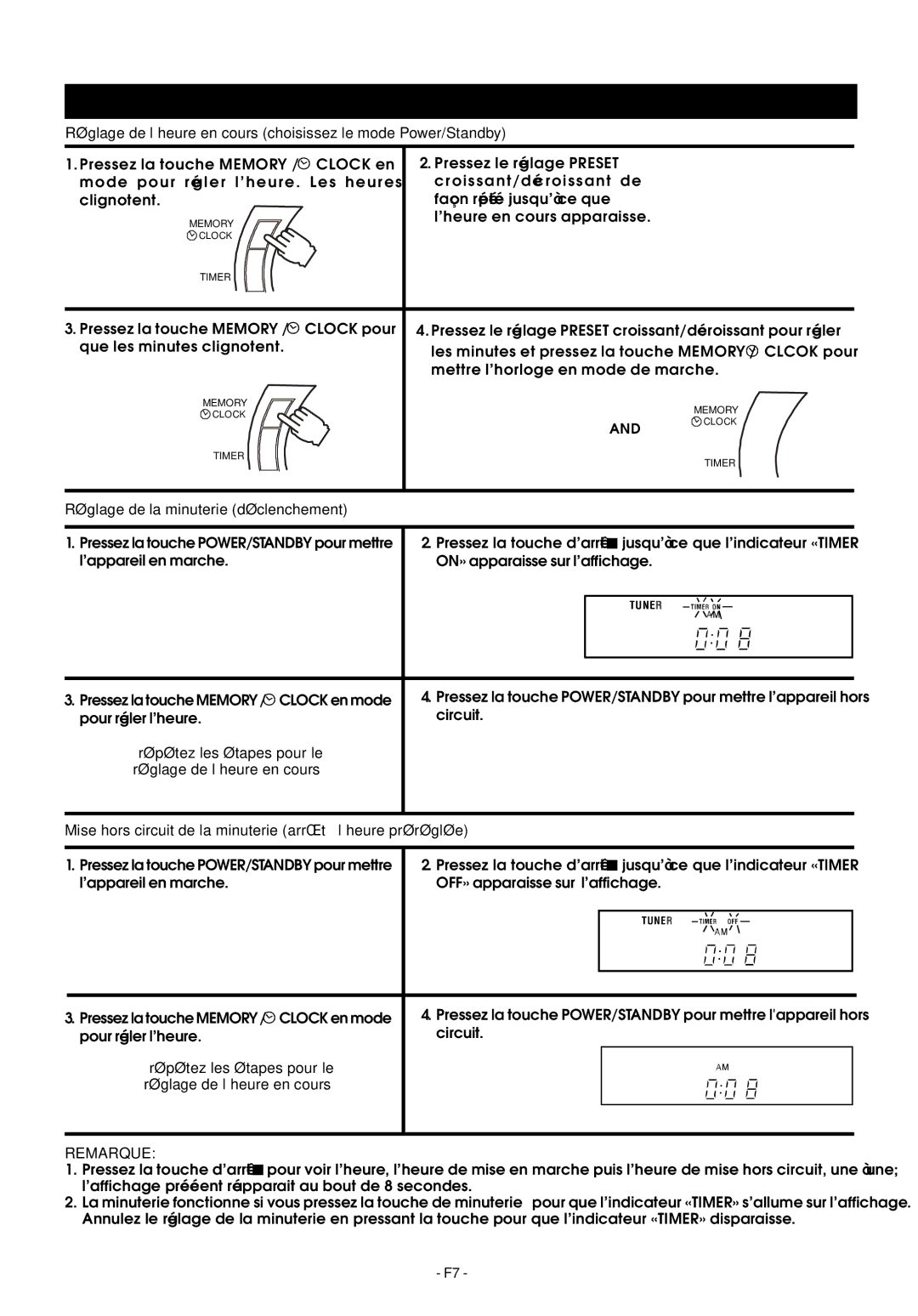 Audiovox Mini Hi-Fi System manual Réglage DE L’HORLOGE, Réglage de la minuterie déclenchement, Remarque 