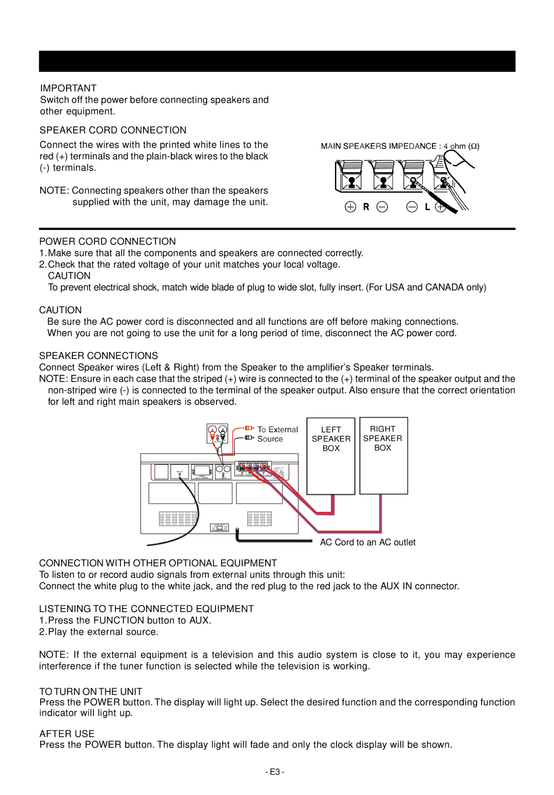 Audiovox Mini Hi-Fi System manual System Connections, Speaker Cord Connection 