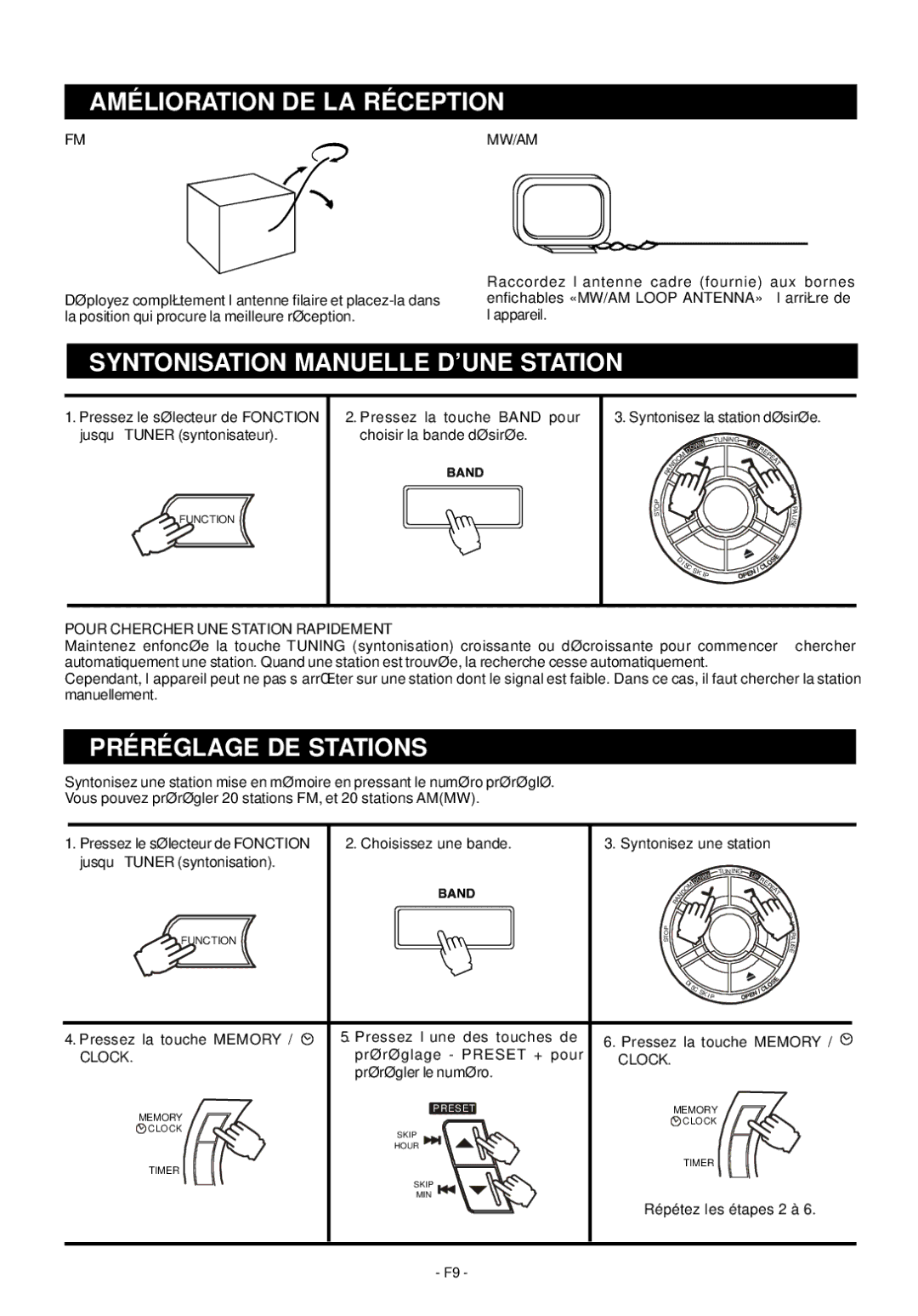 Audiovox Mini Hi-Fi System Amélioration DE LA Réception, Syntonisation Manuelle D’UNE Station, Préréglage DE Stations 