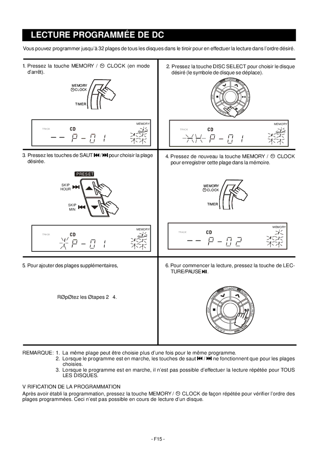 Audiovox Mini Hi-Fi System manual Lecture Programmée DE DC, Ture/Pause, Vérification DE LA Programmation 