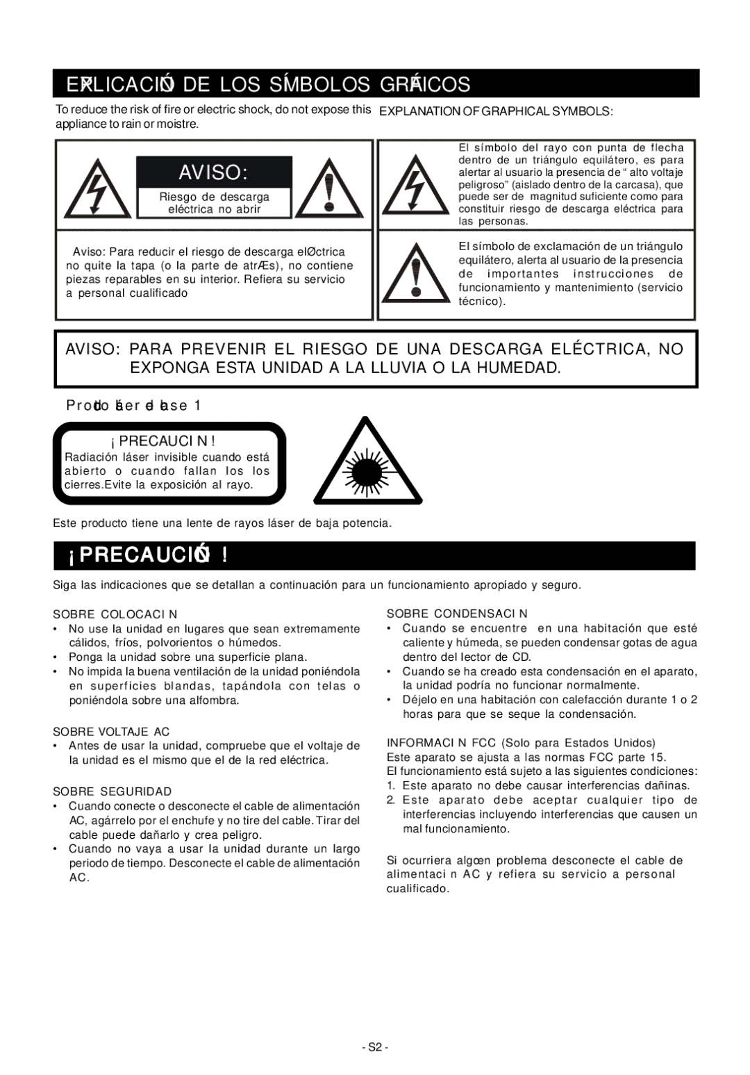 Audiovox Mini Hi-Fi System manual Explicación DE LOS Símbolos Gráficos, Aviso, ¡ Precaución 