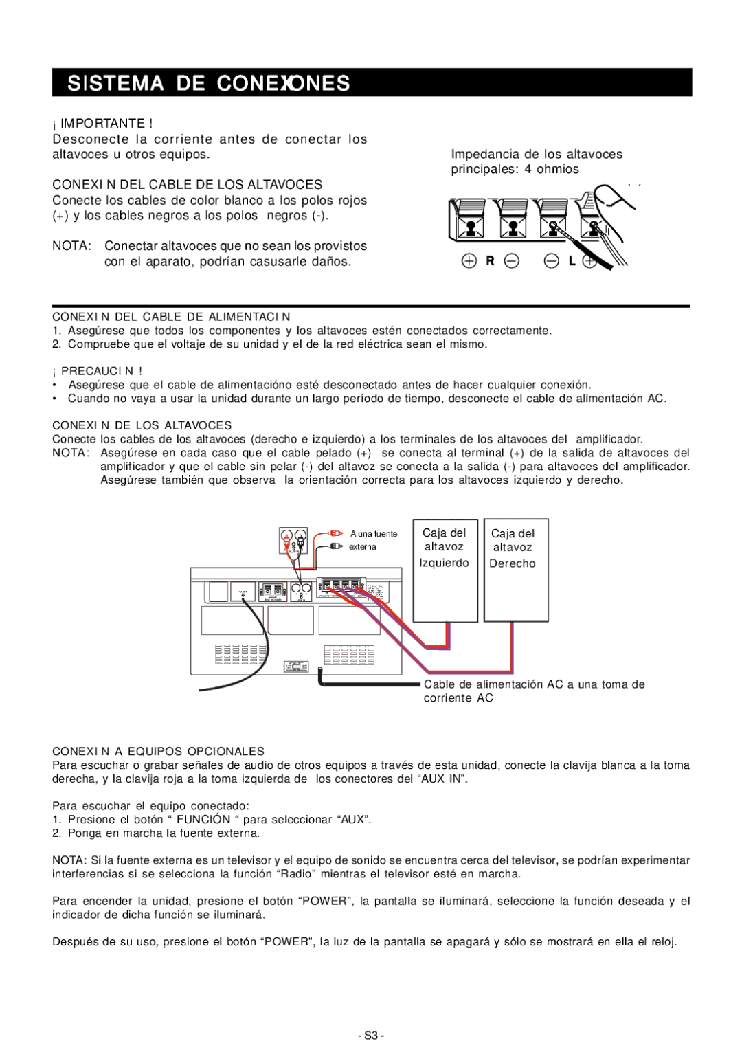 Audiovox Mini Hi-Fi System manual Sistema DE Conexiones, Conexión DEL Cable DE Alimentación, ¡ Precaución 