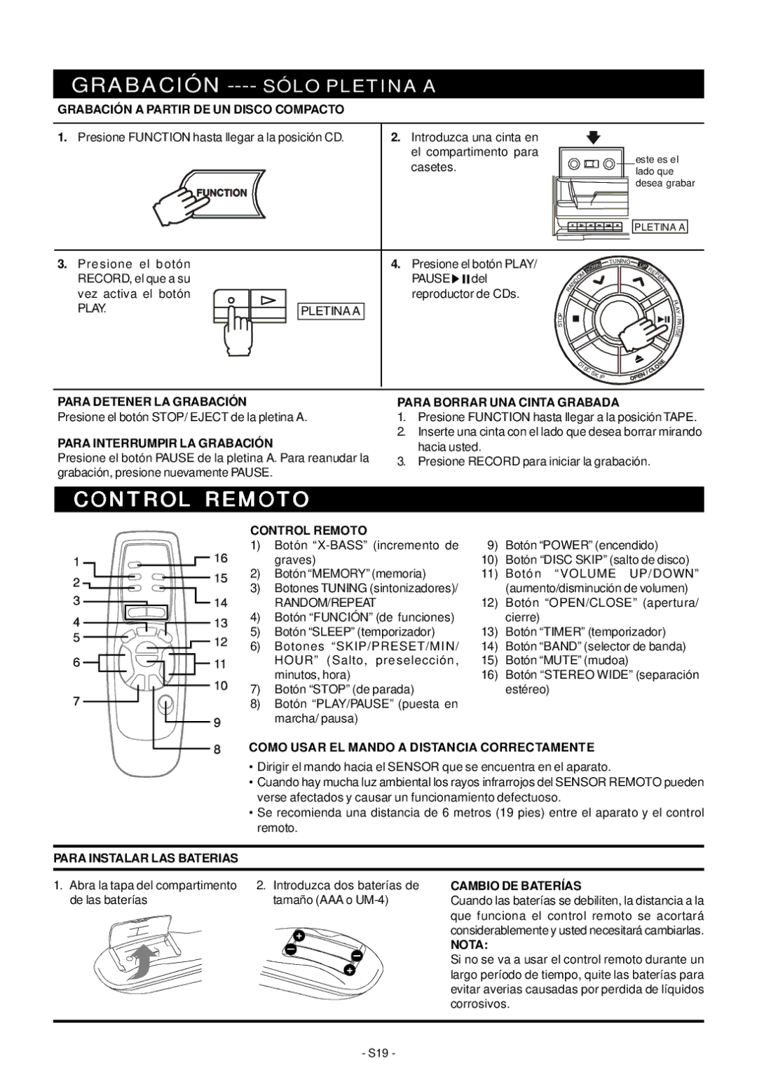 Audiovox Mini Hi-Fi System manual Grabación ---- Sólo Pletina a, Control Remoto 