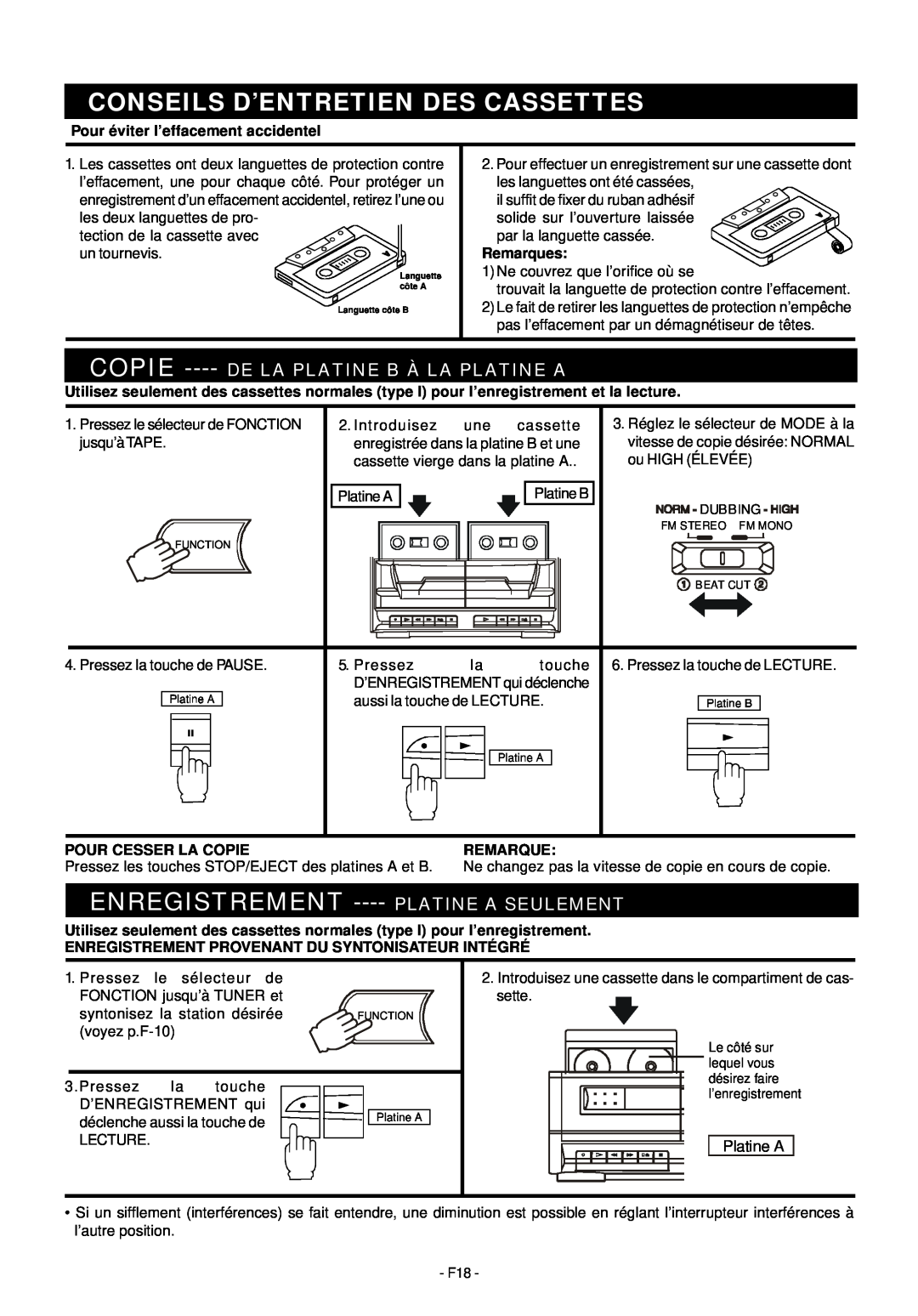 Audiovox Mini Hi-Fi System manual Conseils D’Entretien Des Cassettes, Enregistrement ---- Platine A Seulement, Remarques 