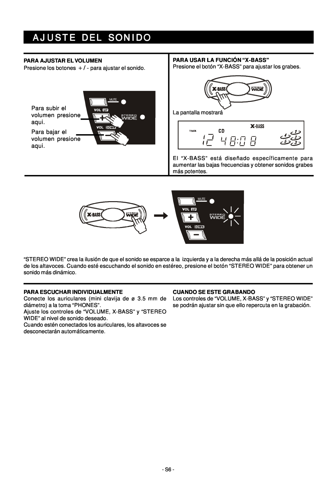 Audiovox Mini Hi-Fi System manual Ajuste Del Sonido, Para Ajustar El Volumen, Para Usar La Función “X-Bass” 