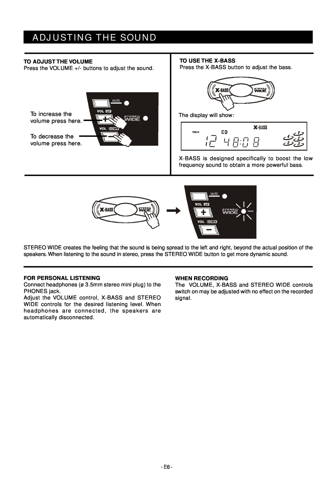 Audiovox Mini Hi-Fi System manual Adjusting The Sound, To Adjust The Volume, To Use The X-Bass, For Personal Listening 