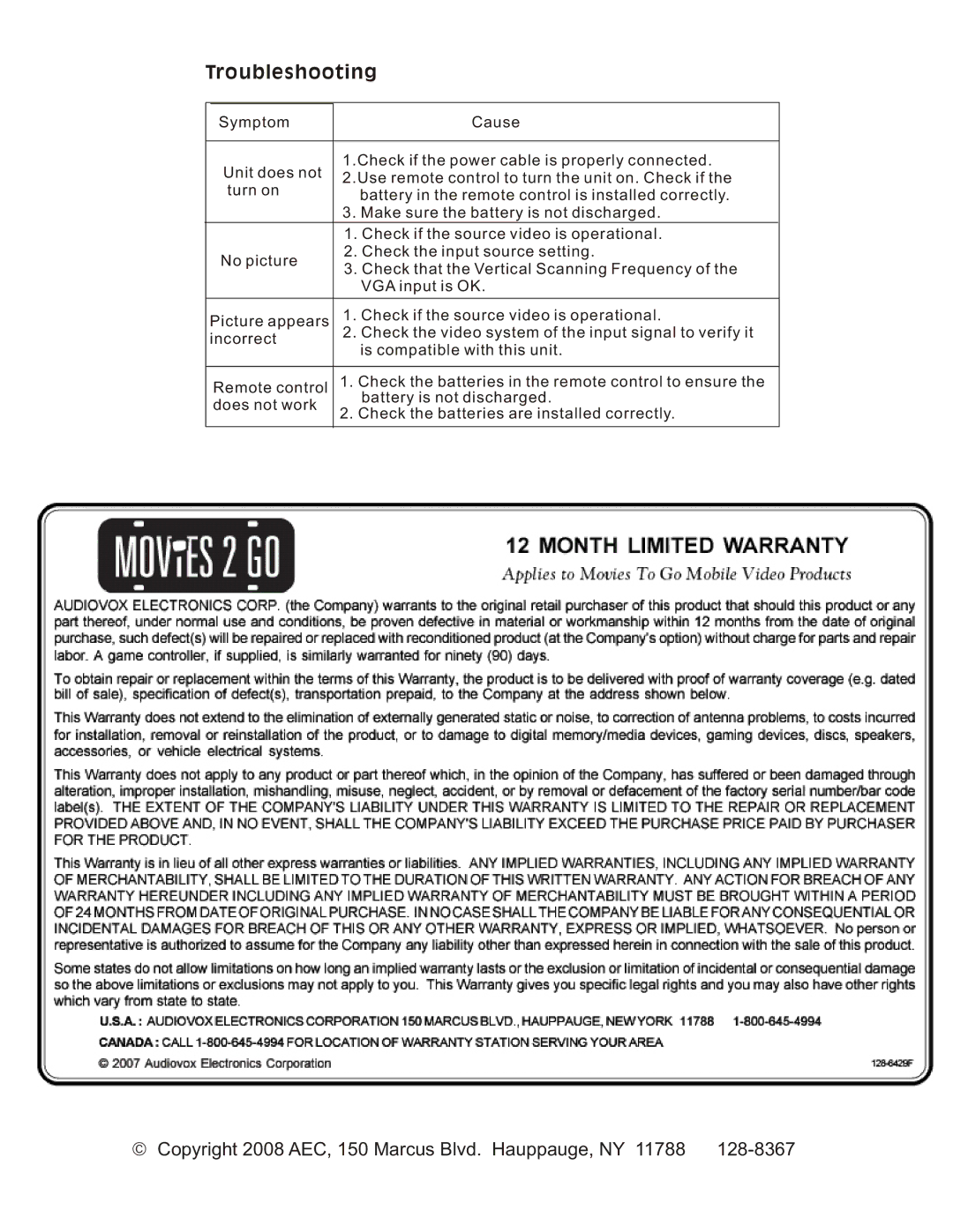 Audiovox MM170R operation manual Troubleshooting 