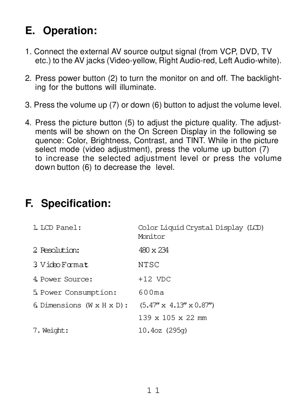 Audiovox MM530 manual Operation, Specification 