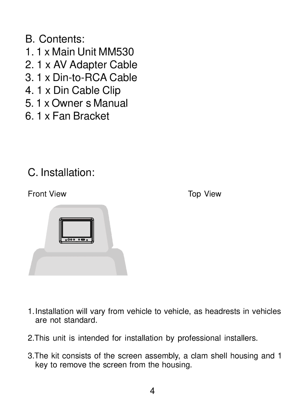 Audiovox MM530 manual Contents, Installation 