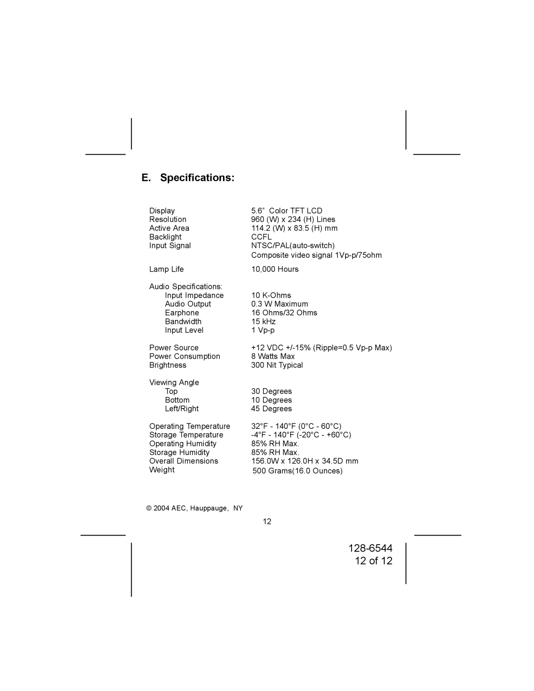 Audiovox MM56A owner manual Specifications, Ccfl 