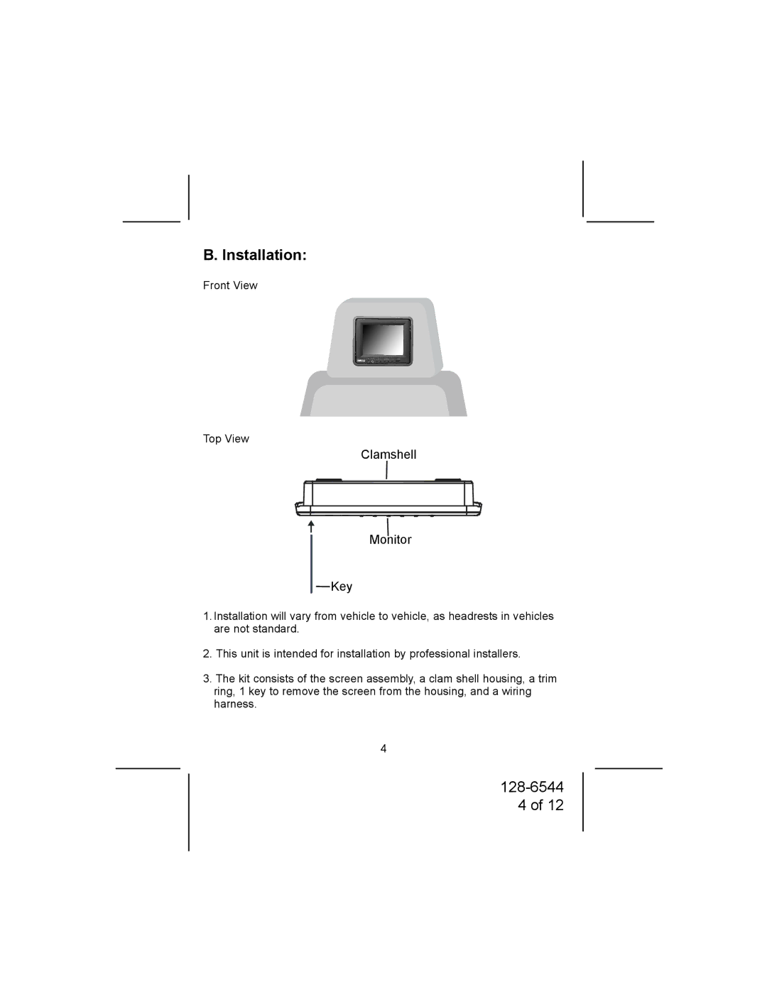 Audiovox MM56A owner manual Installation, Clamshell Monitor Key 