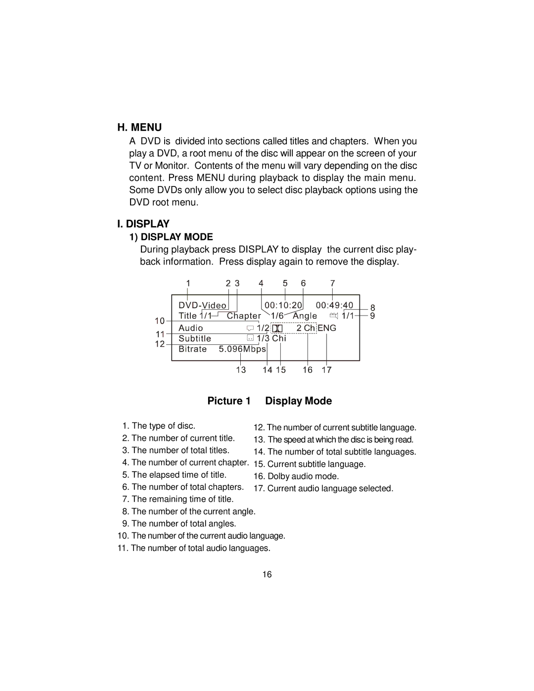 Audiovox MMD 70 installation manual Picture 1 Display Mode 