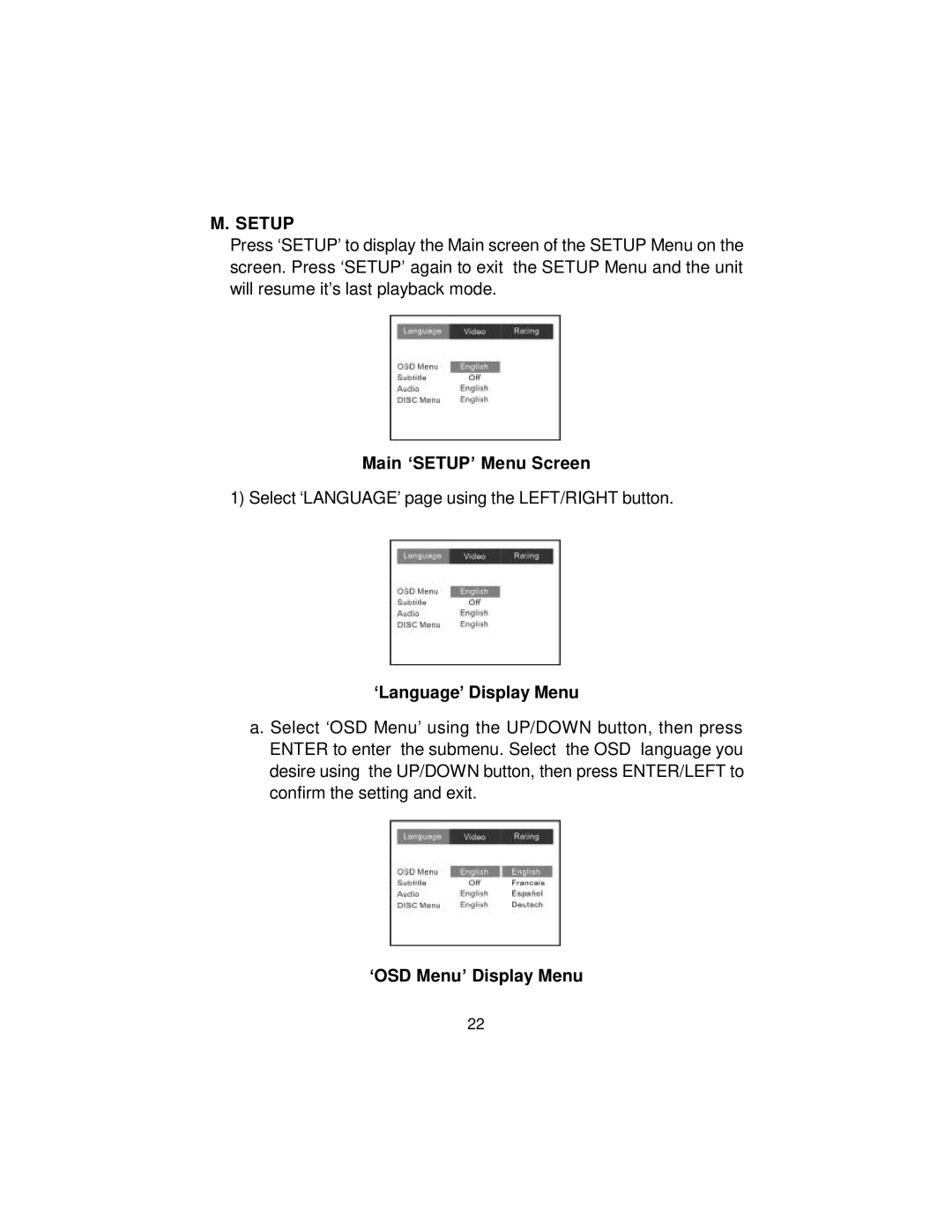 Audiovox MMD 70 installation manual Setup, Main ‘SETUP’ Menu Screen, ‘Language’ Display Menu, ‘OSD Menu’ Display Menu 