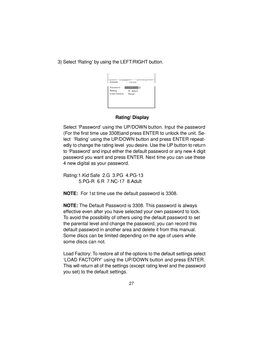 Audiovox MMD 70 installation manual ‘Rating’ Display 