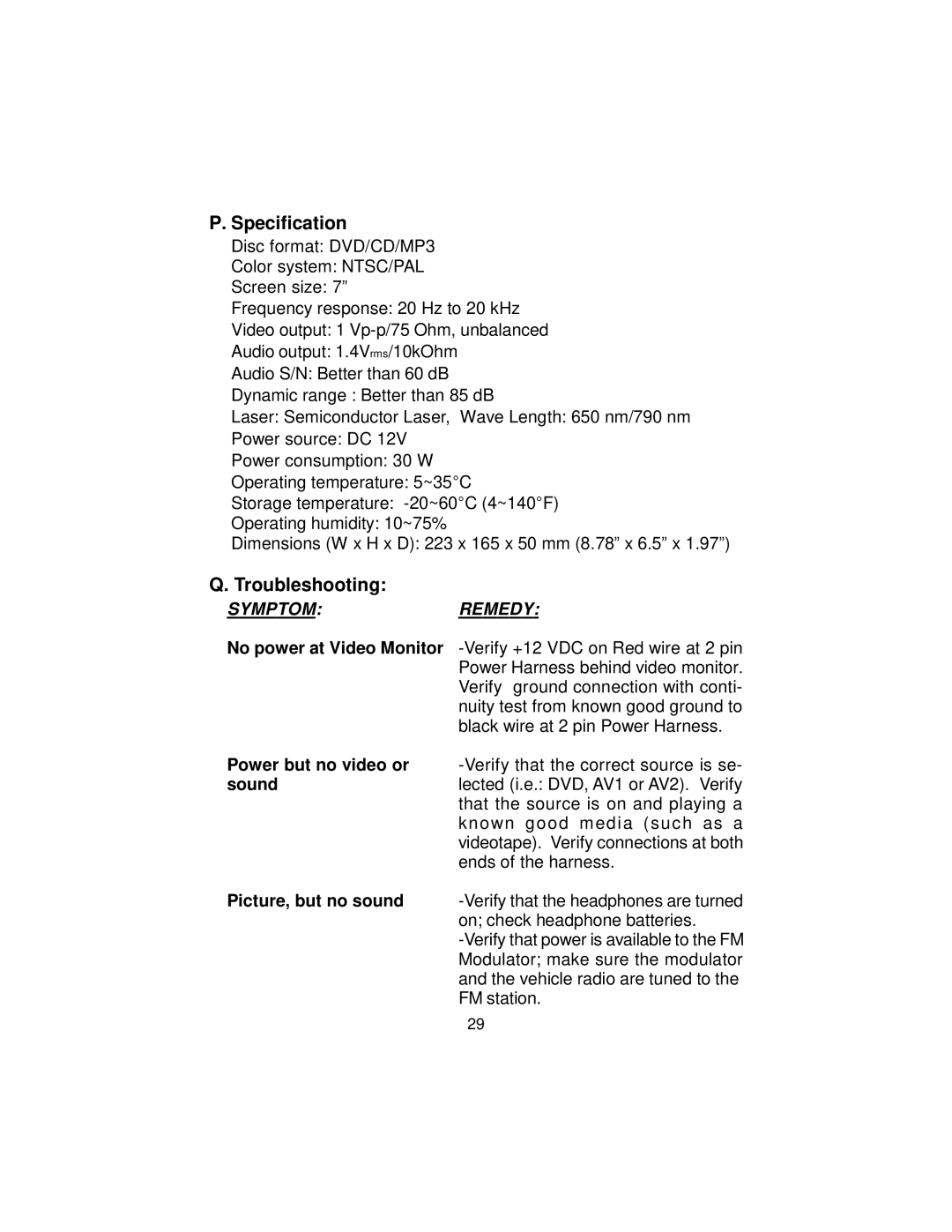 Audiovox MMD 70 installation manual Specification, Troubleshooting, Power but no video or sound, Picture, but no sound 