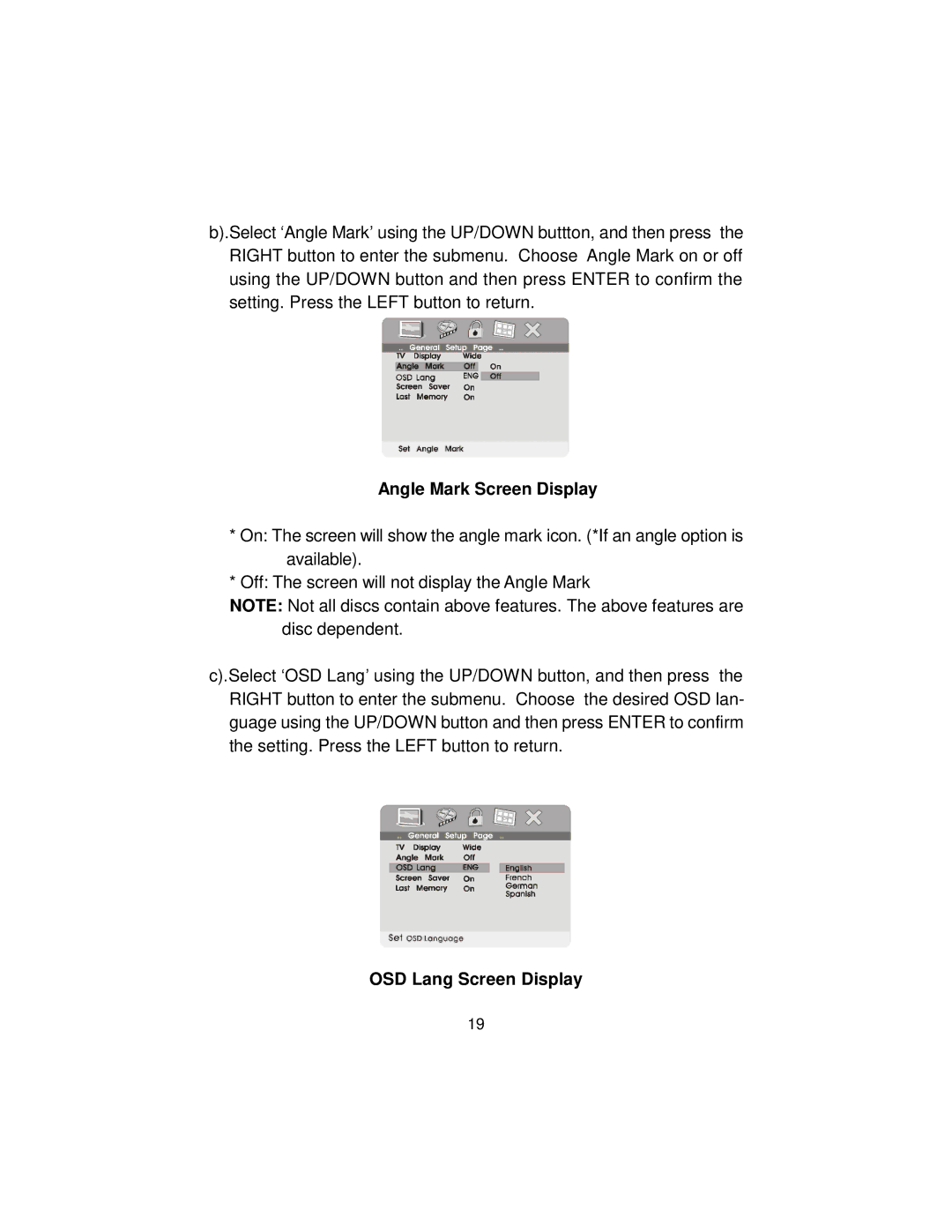 Audiovox MMD10 installation manual Angle Mark Screen Display, OSD Lang Screen Display 