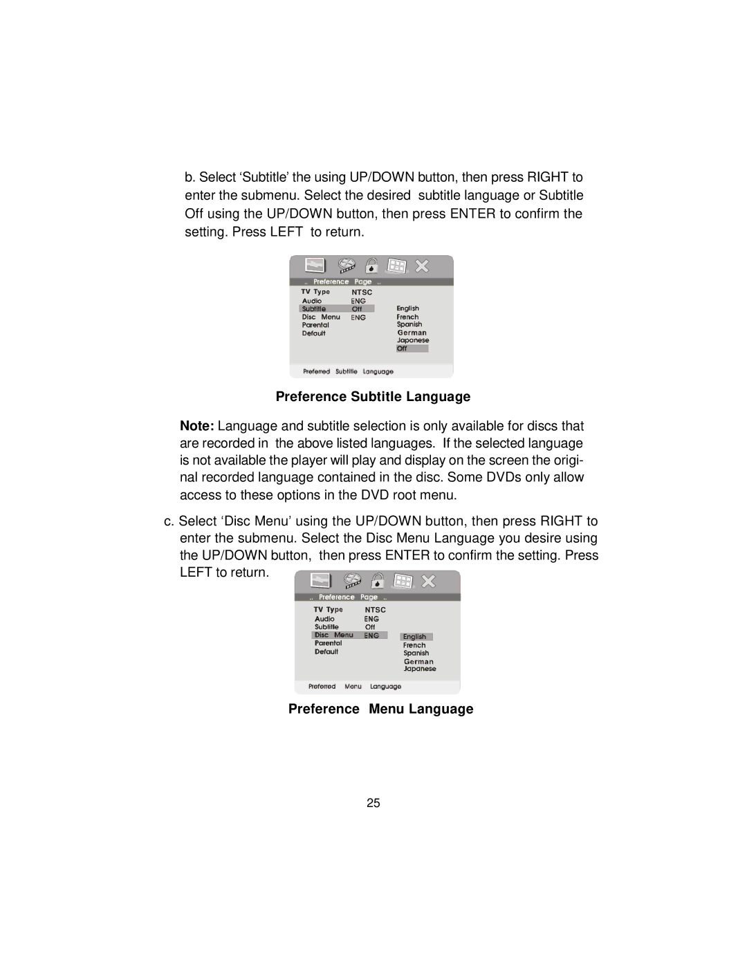 Audiovox MMD10 installation manual Preference Subtitle Language, Preference Menu Language 