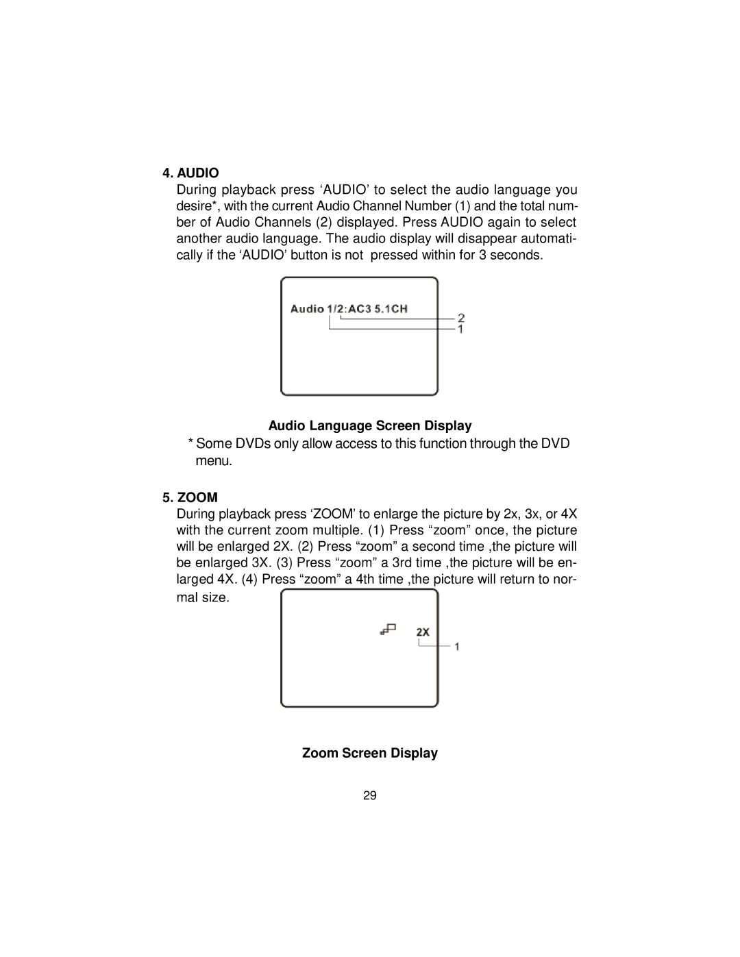 Audiovox MMD10 installation manual Audio Language Screen Display, Zoom Screen Display 